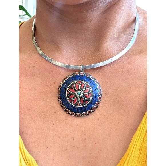 Vintage Mosaic Multicolor Pendant & necklace Handmade Ethnic Bohemian tribal - Picture 10 of 11